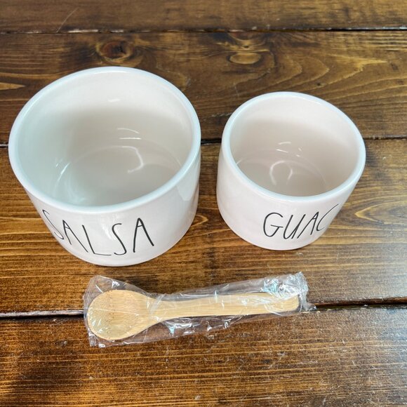 Rae Dunn Artisan Collection Salsa & Guac Ceramic Bowls With Wooden Spoons - Picture 2 of 12